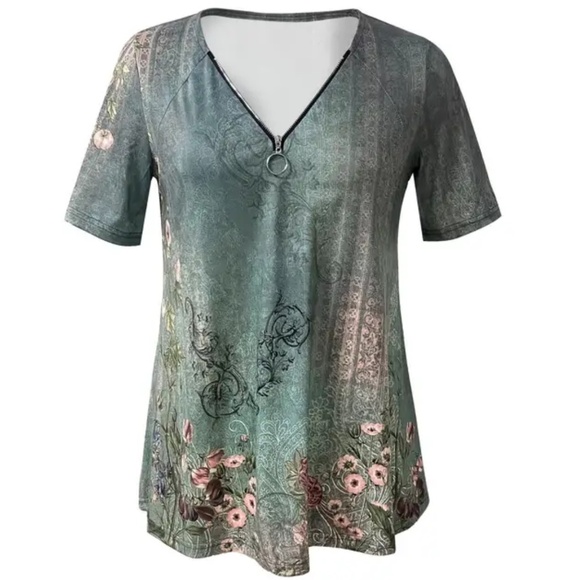 Floral Zippered Top in Green/Short Sleeve/discount Shipping/Free Gift - Picture 2 of 8
